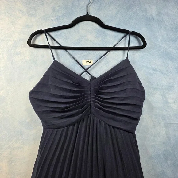 ASOS DESIGN Navy Blue Pleated Maxi Dress Open Back Tie Detail US 10 Wedding Gues - Picture 4 of 7